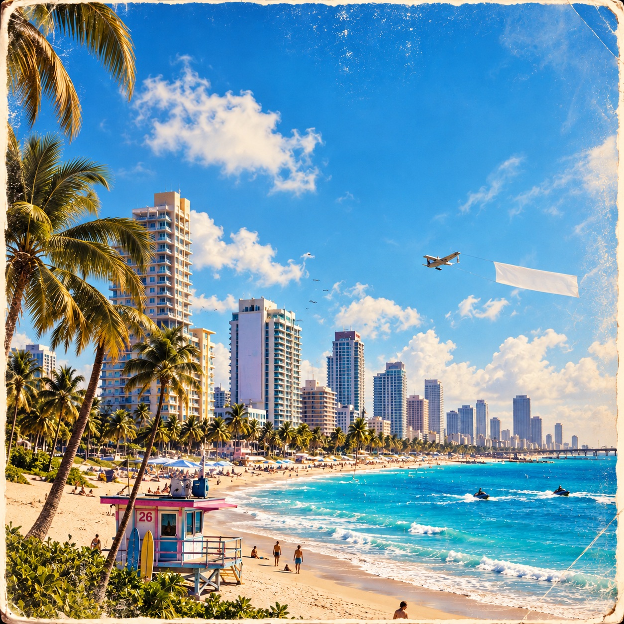 Słoneczna pocztówka z New Ventury: plaża, palmy i nadmorska zabudowa